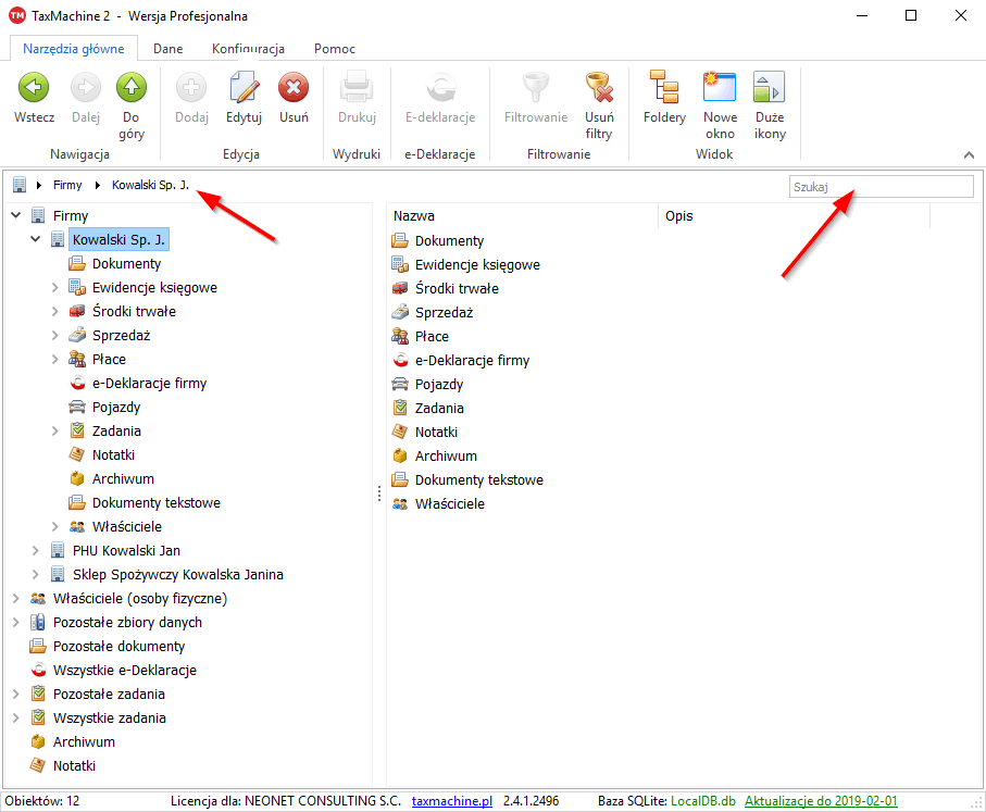 taxmachine okno glowne wyszukiwanie sciezka