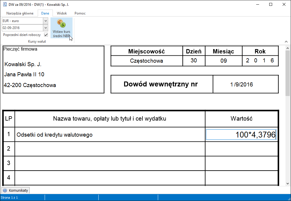 kursy walut formularze