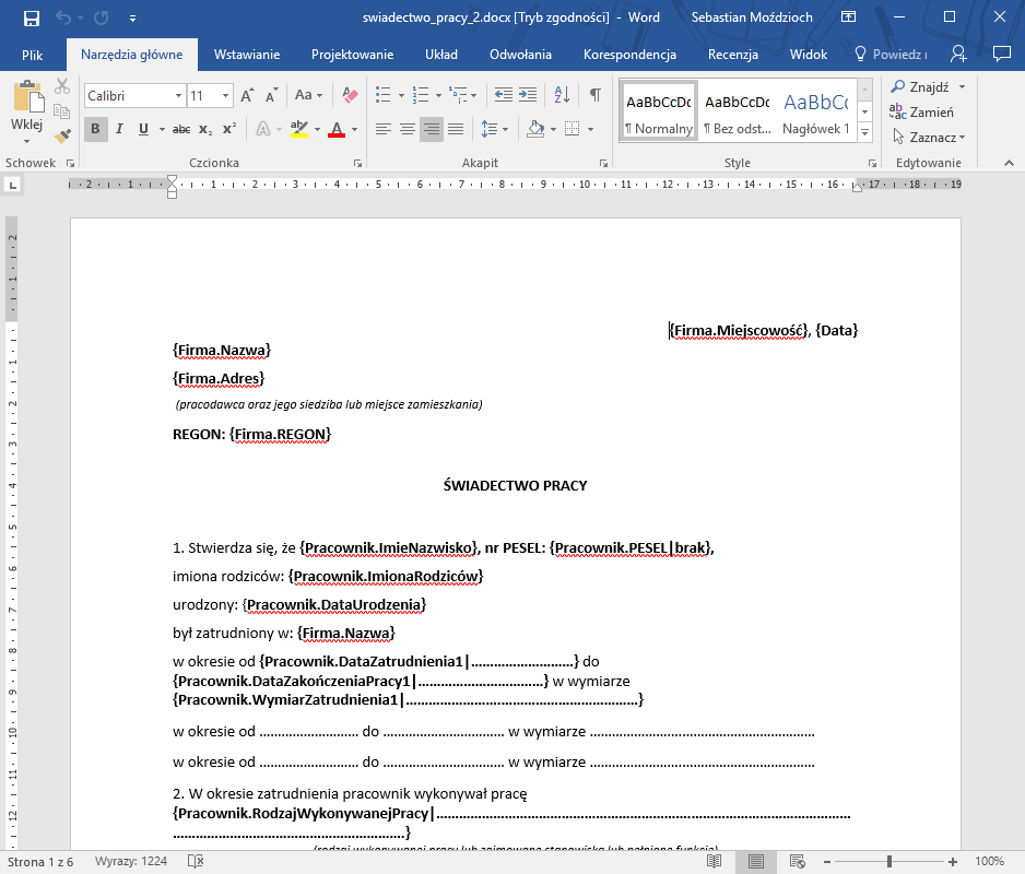 swiadectwo pracy 2 wzor