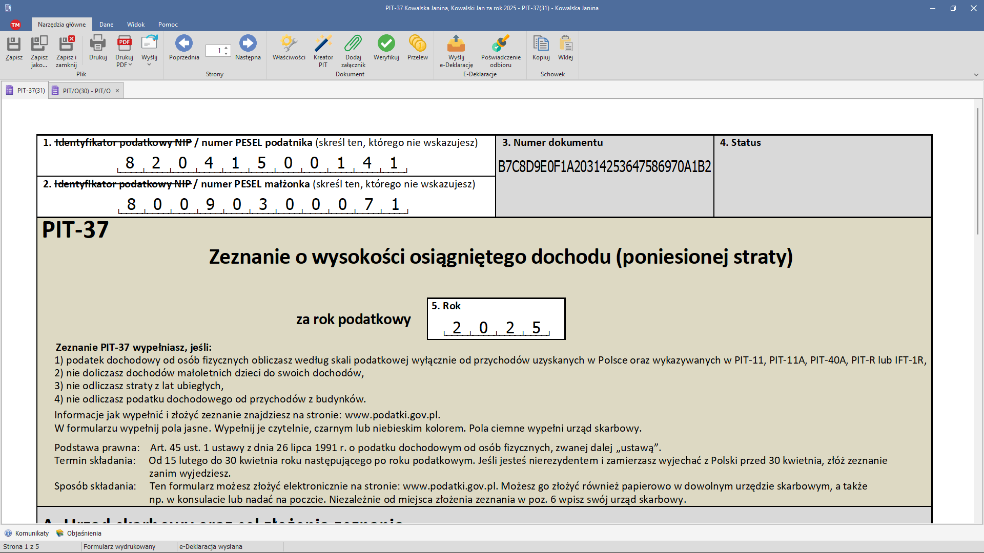 Zeznanie PIT-37 utworzone przez Kreator PIT — okno formularza z wstążką e-Deklaracje (zeznanie wysłane, Urzędowe Poświadczenie Odbioru pobrane)