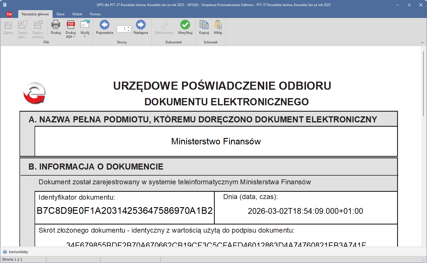 Urzędowe Poświadczenie Odbioru dokumentu elektronicznego otwarte w oknie formularza: nazwa podmiotu, któremu doręczono dokument, identyfikator dokumentu, data i czas wpłynięcia, skróty dokumentu oraz struktura logiczna, według której zweryfikowano zeznanie