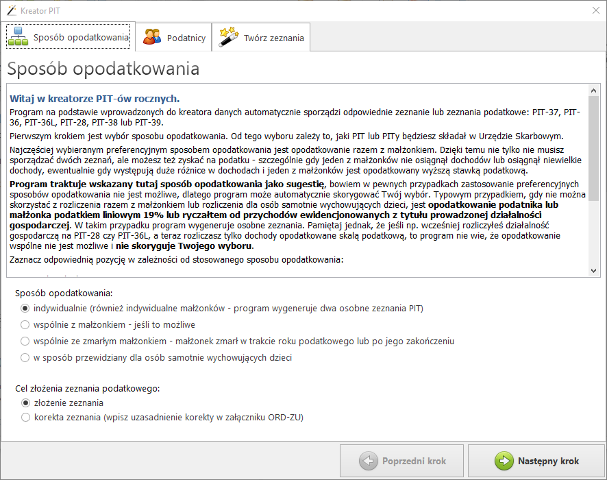 kreator sposob opodatkowania