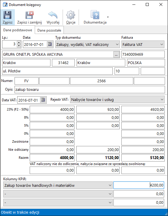 Księgowanie nabycia towaru w KPiR