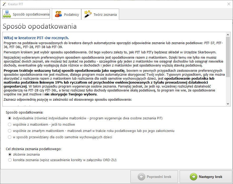 Krok 1 — sposób opodatkowania