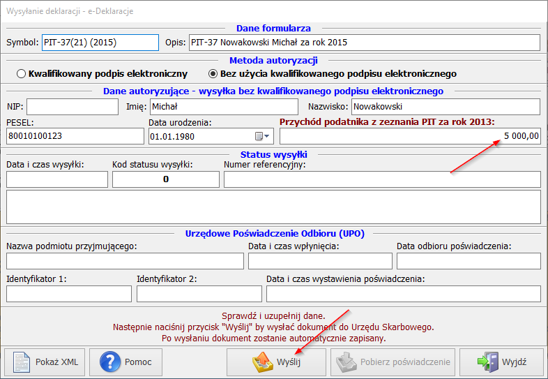 Komunikat o przyjęciu zeznania
