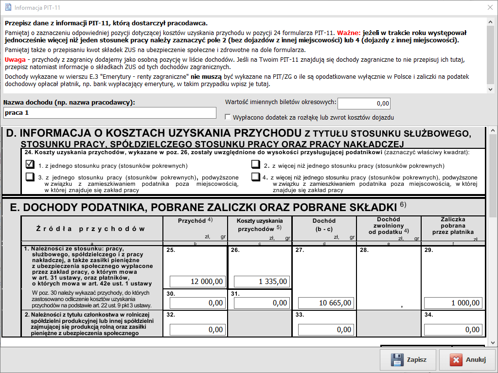 Wprowadzenie danych z PIT-11