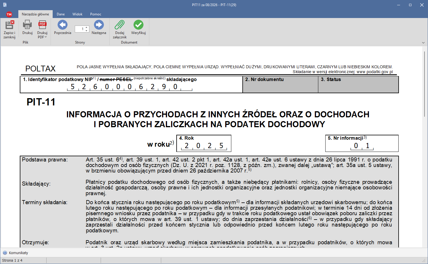 Okno dochodu z PIT-11 w Kreatorze PIT — przychód ze stosunku pracy, koszty uzyskania, pobrana zaliczka oraz składki społeczne i zdrowotne przepisane z informacji od pracodawcy