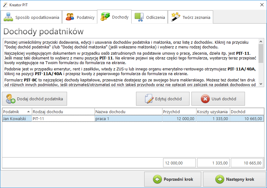 Krok 3 — dodawanie dochodów