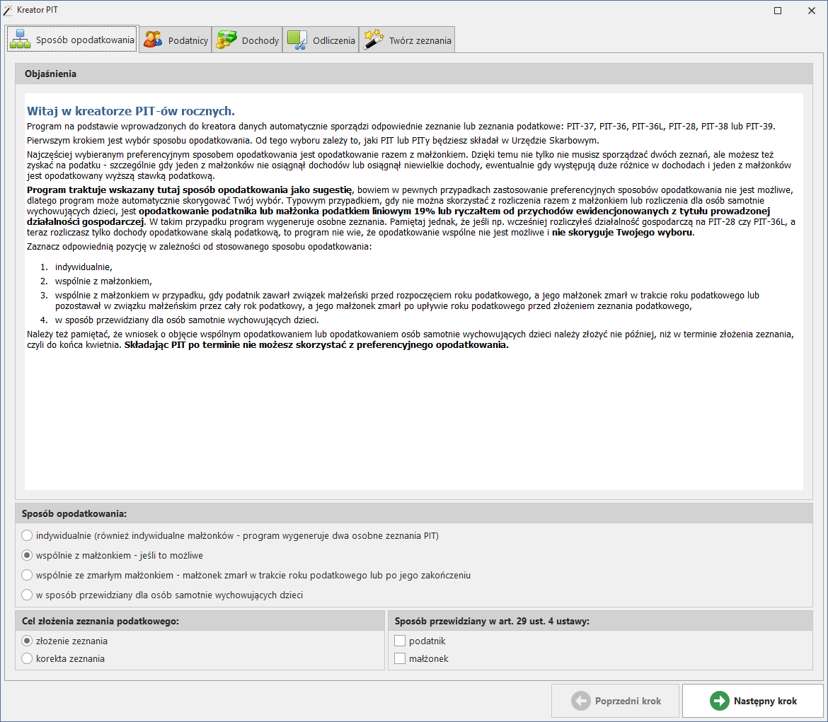 Kreator PIT, krok 1 „Sposób opodatkowania” — wybór rozliczenia indywidualnego, wspólnego z małżonkiem albo jako osoba samotnie wychowująca dziecko oraz celu złożenia zeznania