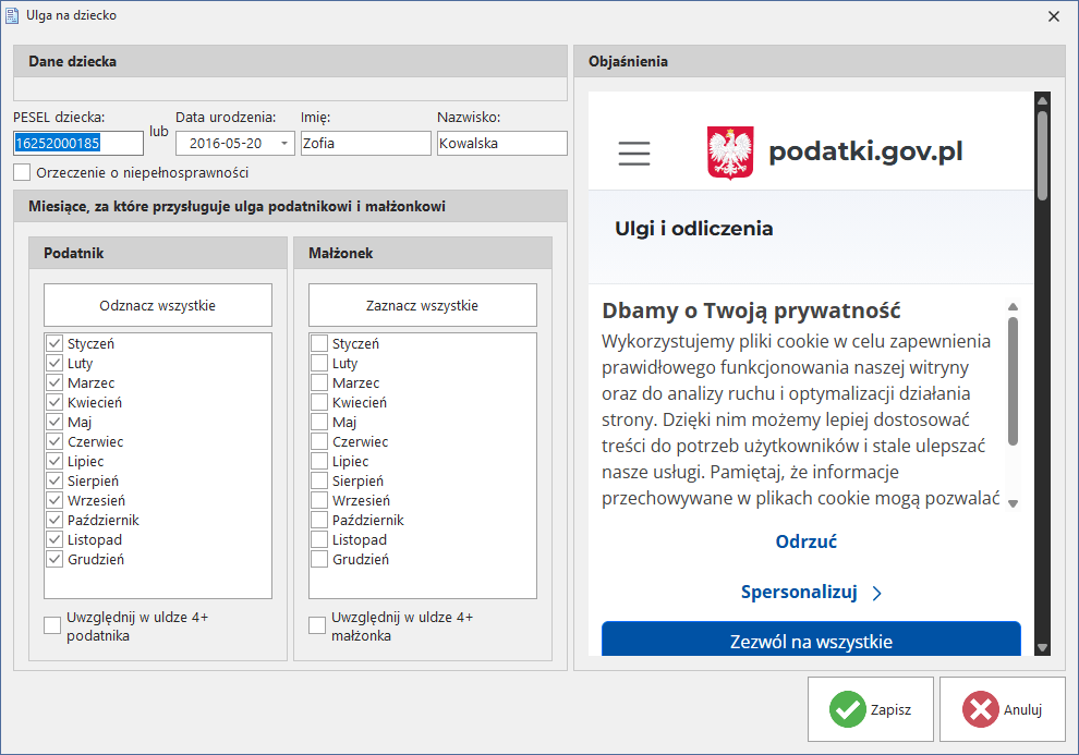 Okno odliczenia w Kreatorze PIT — szczegóły ulgi (w przykładzie ulga na dzieci: dane dziecka i miesiące, za które przysługuje)