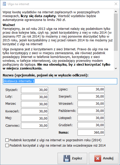 Szczegóły ulgi (przykład: ulga na internet)