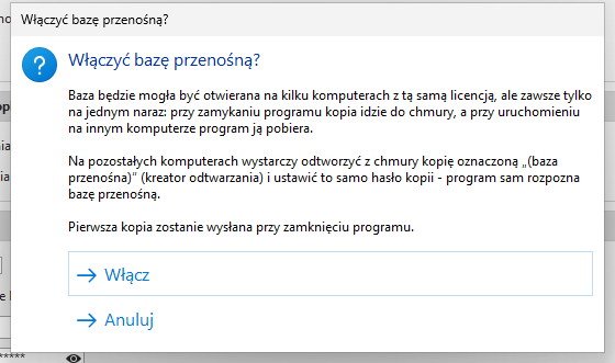 Pytanie „Włączyć bazę przenośną?” z przyciskami Włącz i Anuluj