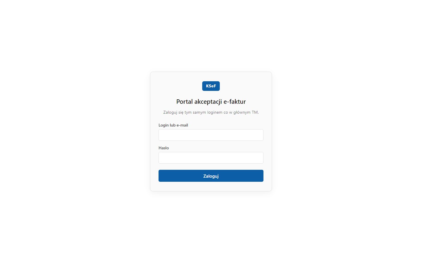 Strona logowania portalu akceptacji e-faktur — pola „Login lub e-mail” i „Hasło” oraz przycisk „Zaloguj”