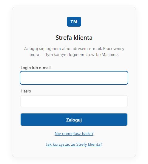 Strona logowania Strefy klienta — pola „Login lub e-mail” i „Hasło”, przycisk „Zaloguj”, linki „Nie pamiętasz hasła?” i „Jak korzystać ze Strefy klienta?”